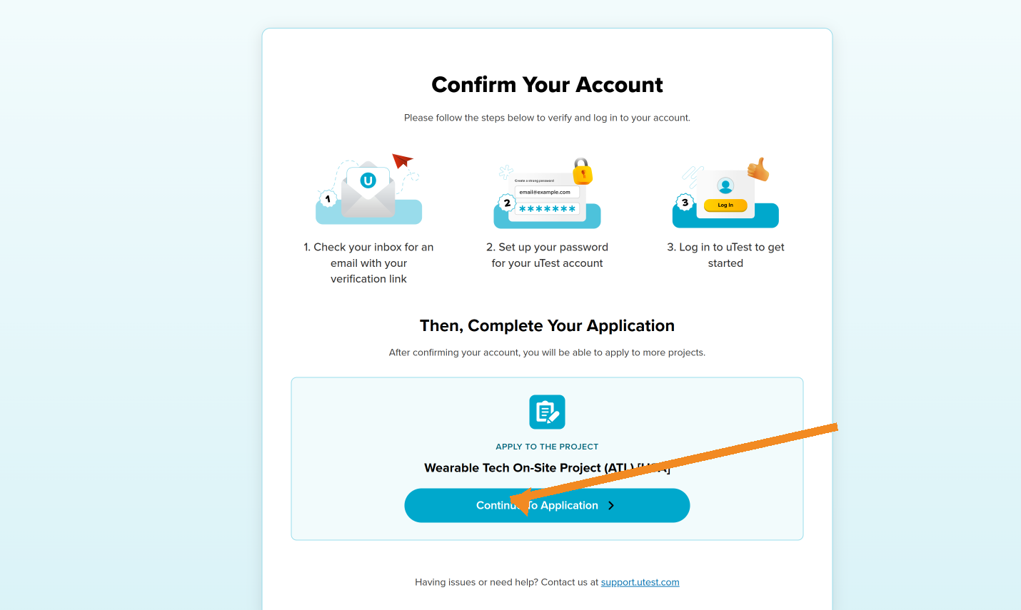 uTest Confirm Your Account page showing the Continue To Application button